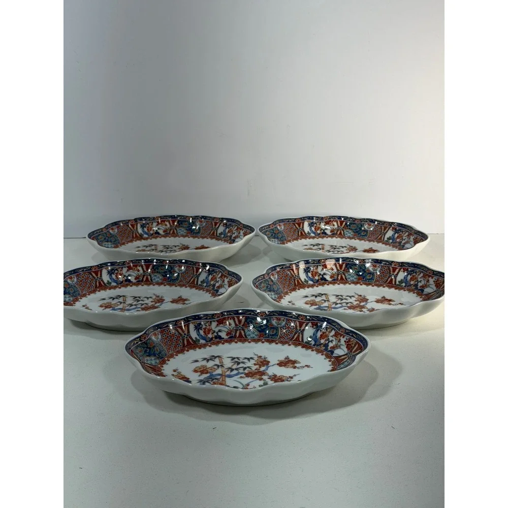 Japanese Arita Imari Porcelain Oval Scalloped Bowls Bamboo Floral Set of 5 Japan